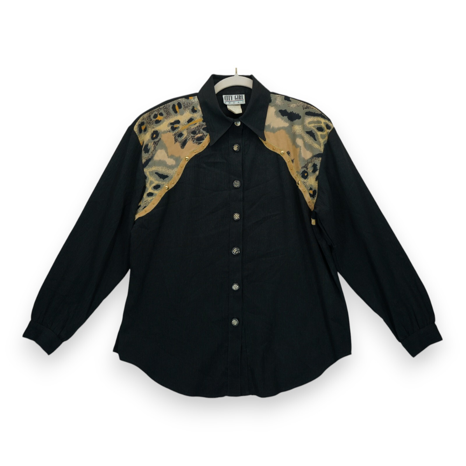 Vintage 90s City Girl Sport Embellished Button Down Size 12 Long Sleeve Leopard