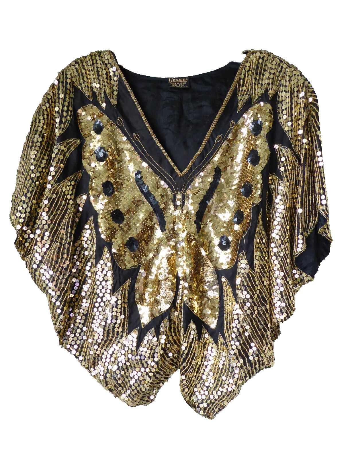 Vintage 70s Silk Top with Gold Sequin Butterfly, Free Size, Disco Blouse