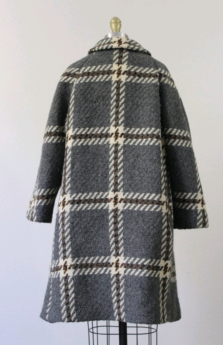 1950s VTG FAIRBROOKE Gray + Multi Color Plaid Wool Trapeze Button Down Car Coat