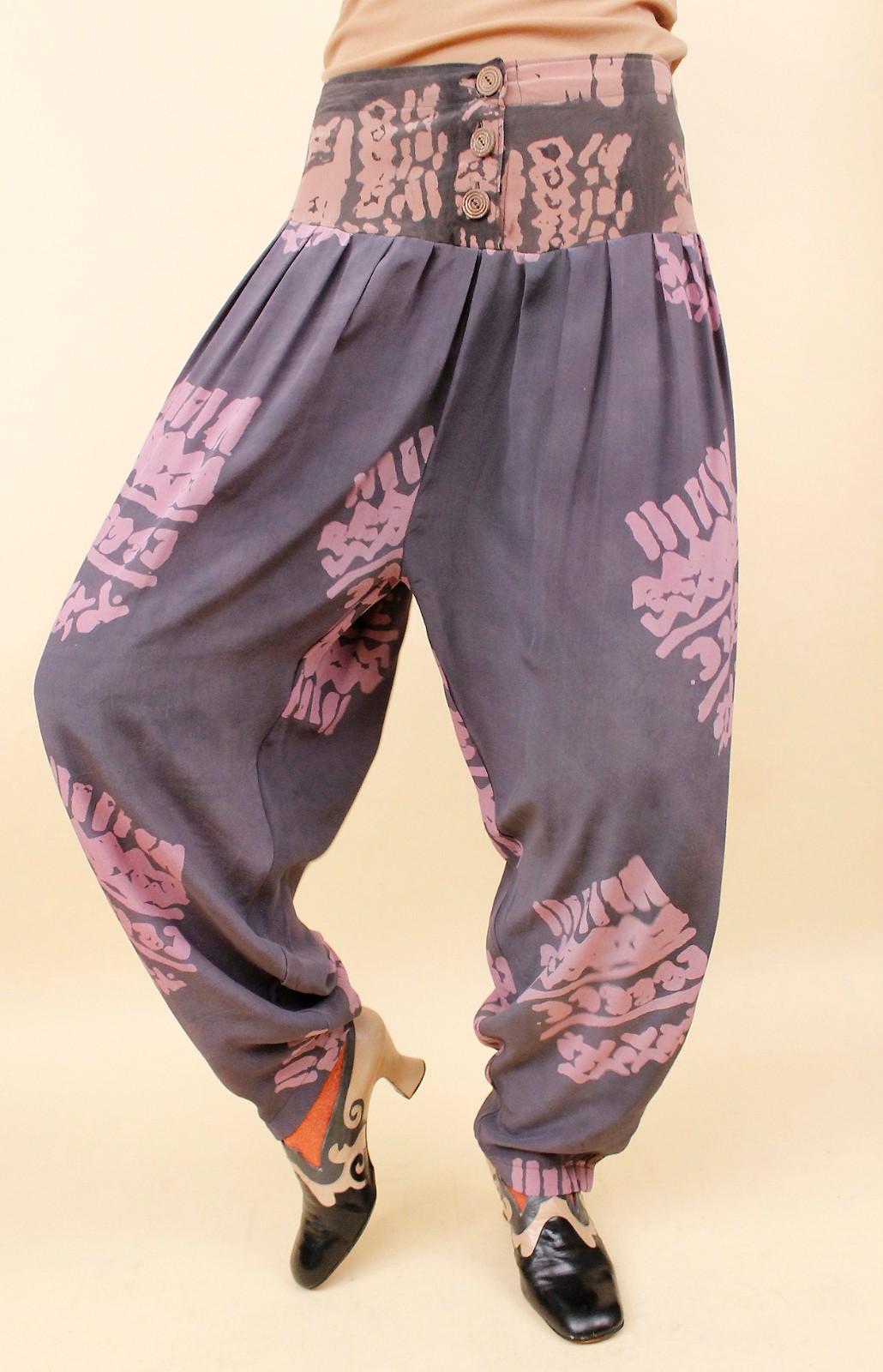 80s Vtg Silk Laise Adzer Designer Silk Moroccan Lagenlook Art Pants S-M W28-30″