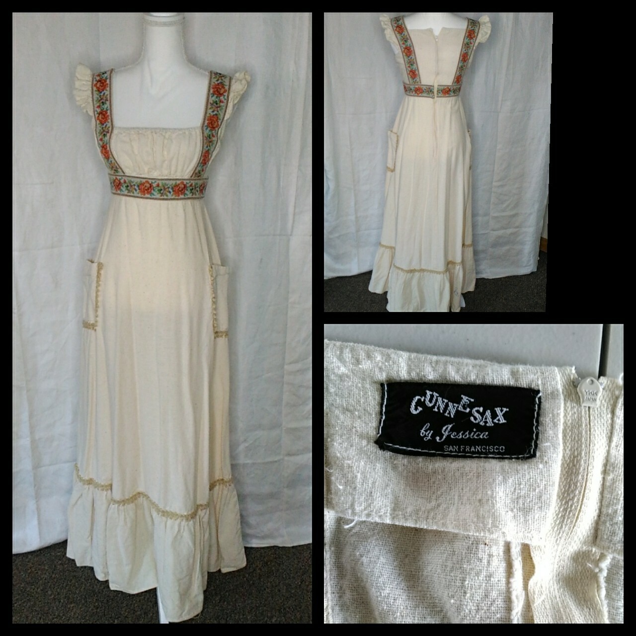 VTG 1970’s Gunne Sax Maxi Dress Women’s Med Black Label Cream Multi Color #J2642