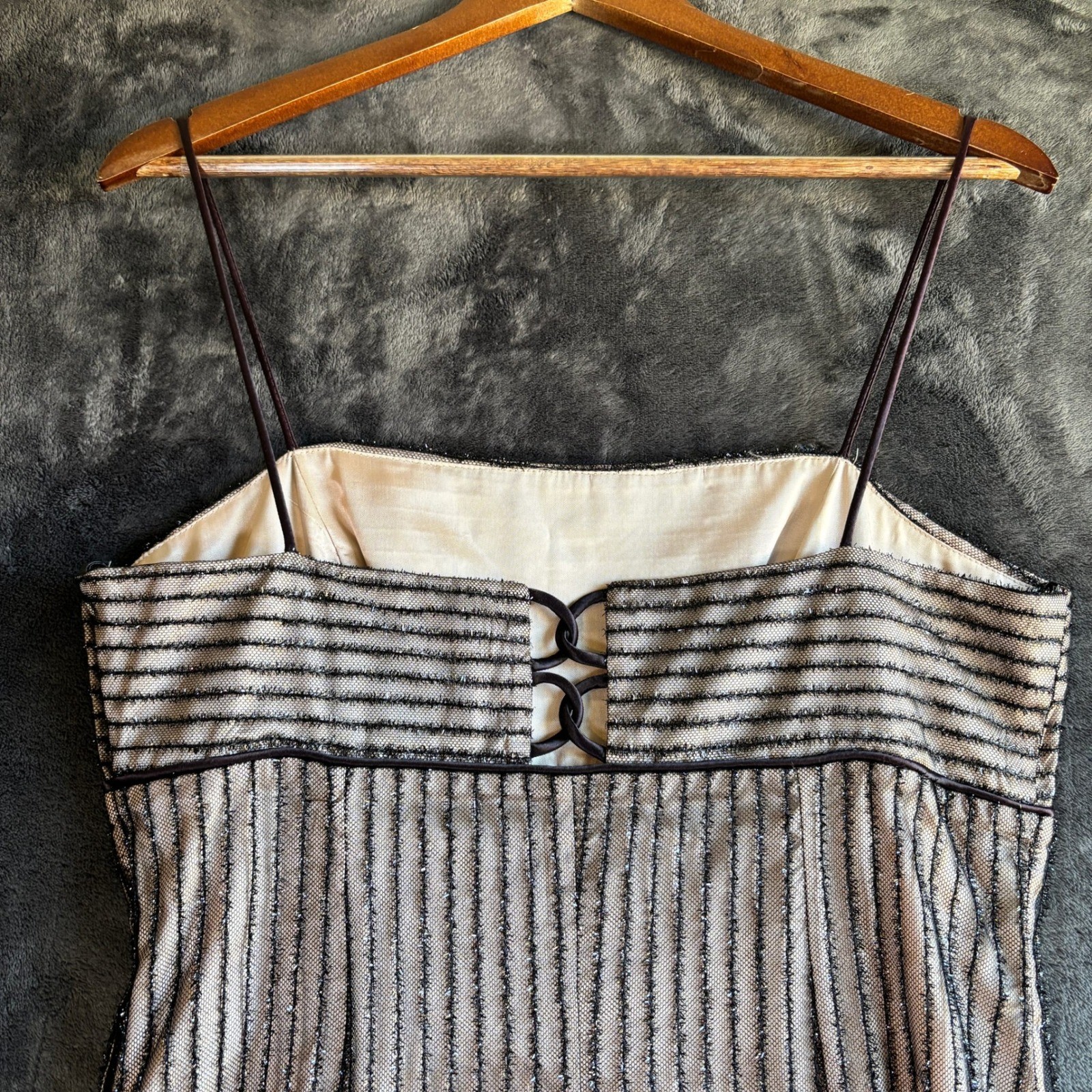 De-Laru by Sheila Yen Vintage Silver Metallic Striped Maxi Dress Size 13/14 4481