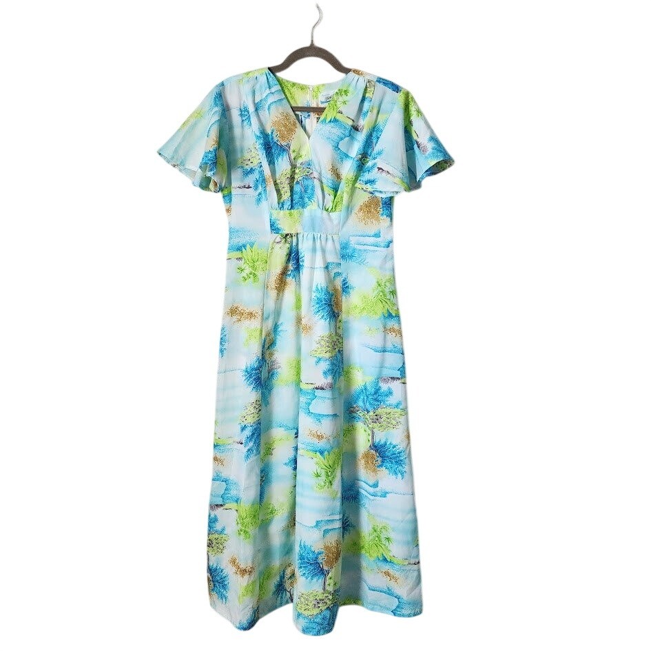 PENNEY’S HAWAII 70’s Maxi Dress Tropical Flutter Sleeve Blue Green Bright