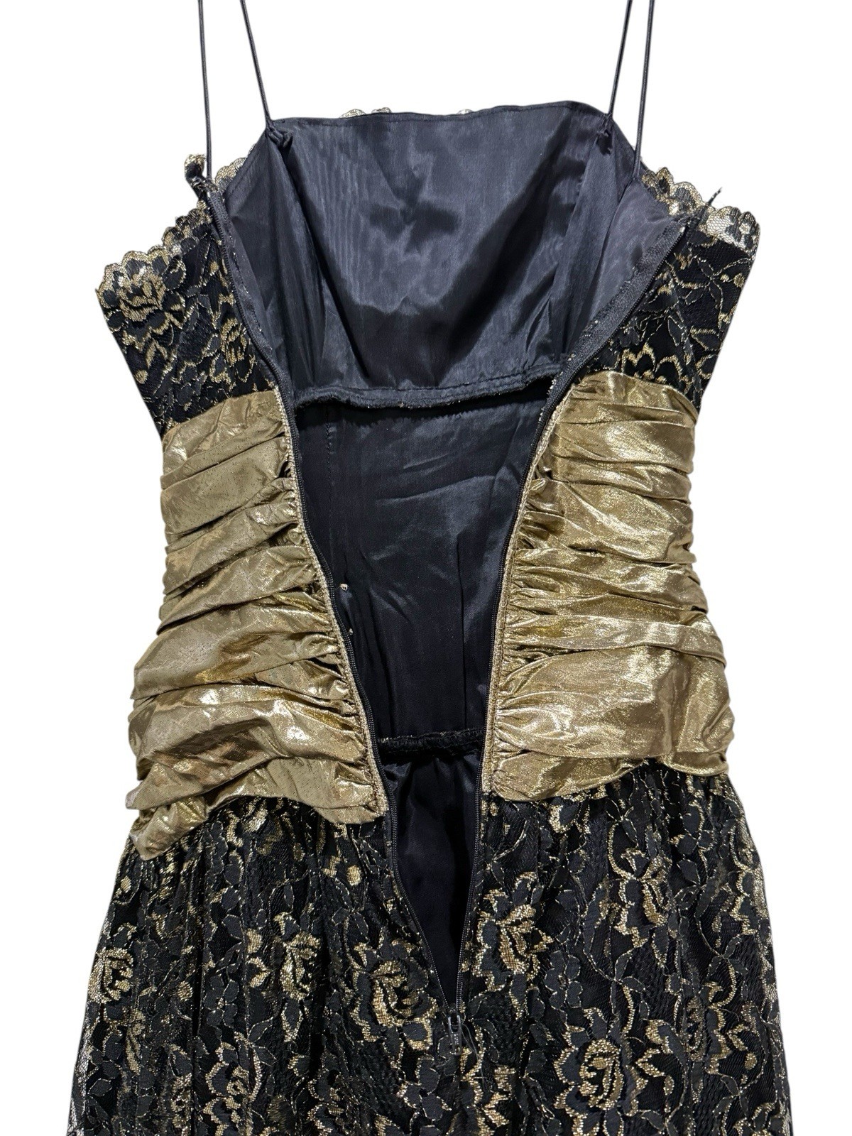 Vintage Glenrob Black Lace Gold Metallic 1980s Party Cocktail Dress Bow Size 5/6