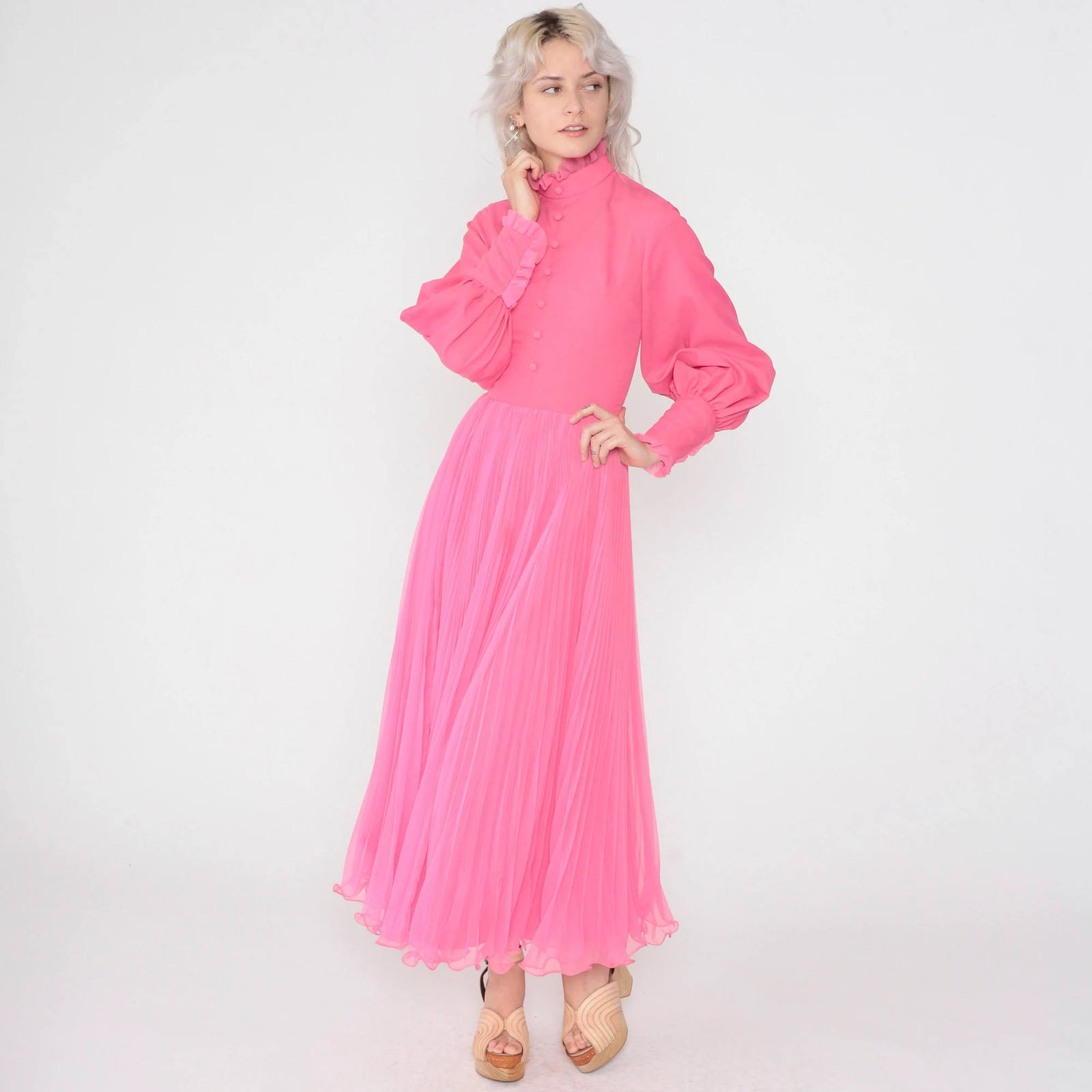 Hot Pink Dress 70s Maxi Dress Long Balloon Sleeve High Neck Ruffled Pleated Chif
