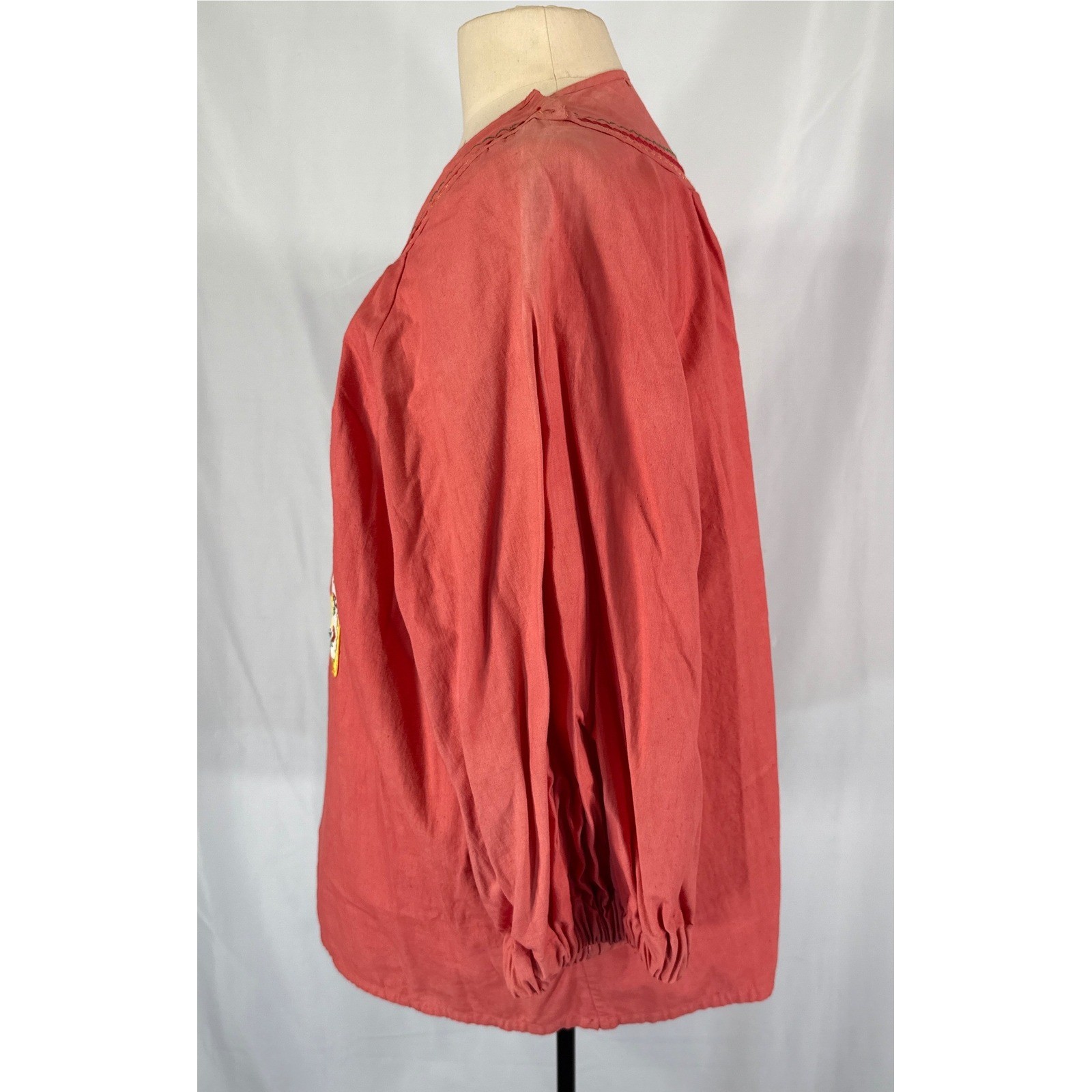 Vintage 70s Handmade Coral Peasant Blouse Strawberry Ribbon Trim Rickrack Boho