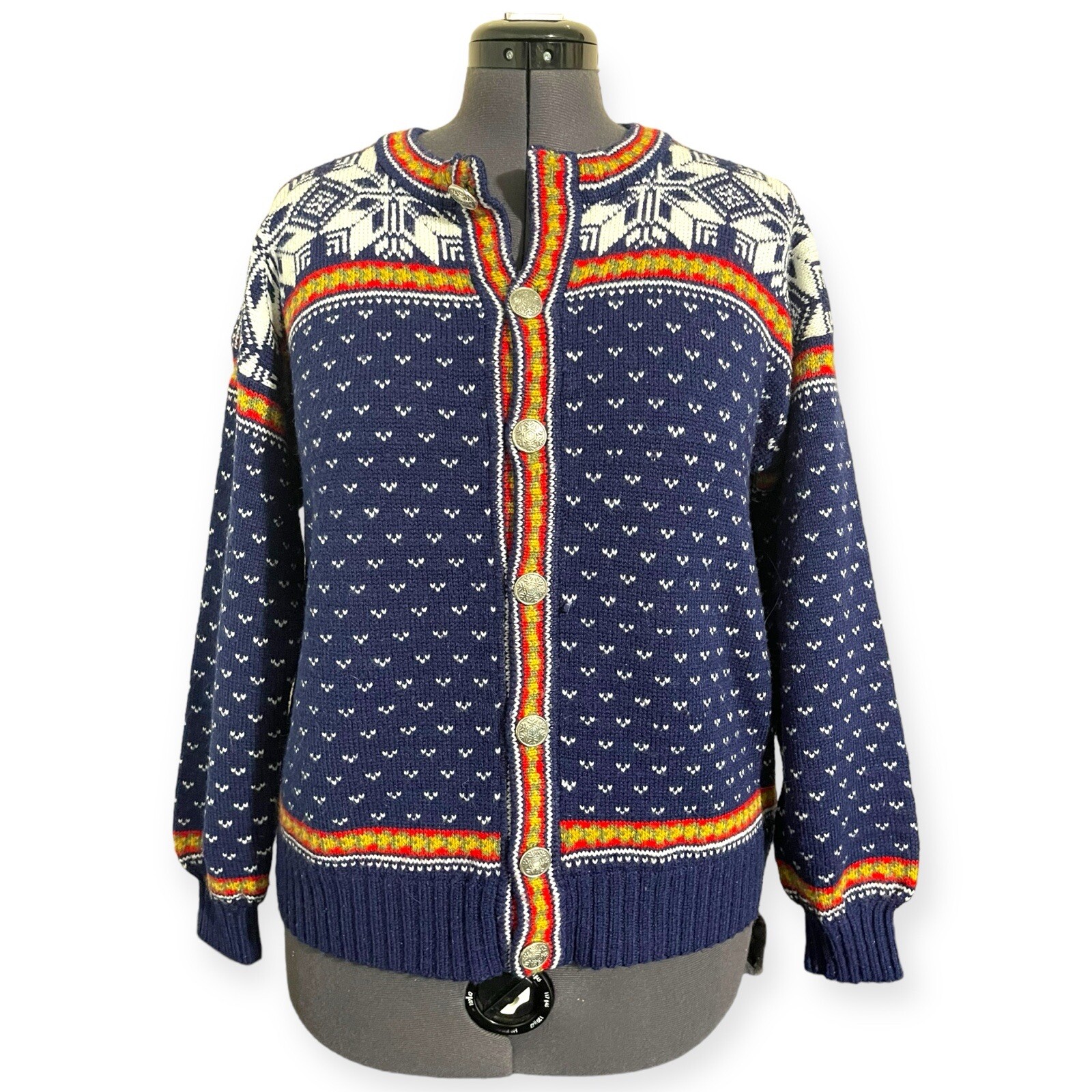 Vintage Knitting Needles Of Betty Swenson Cardigan Nordic Pattern Ladies Size ~L