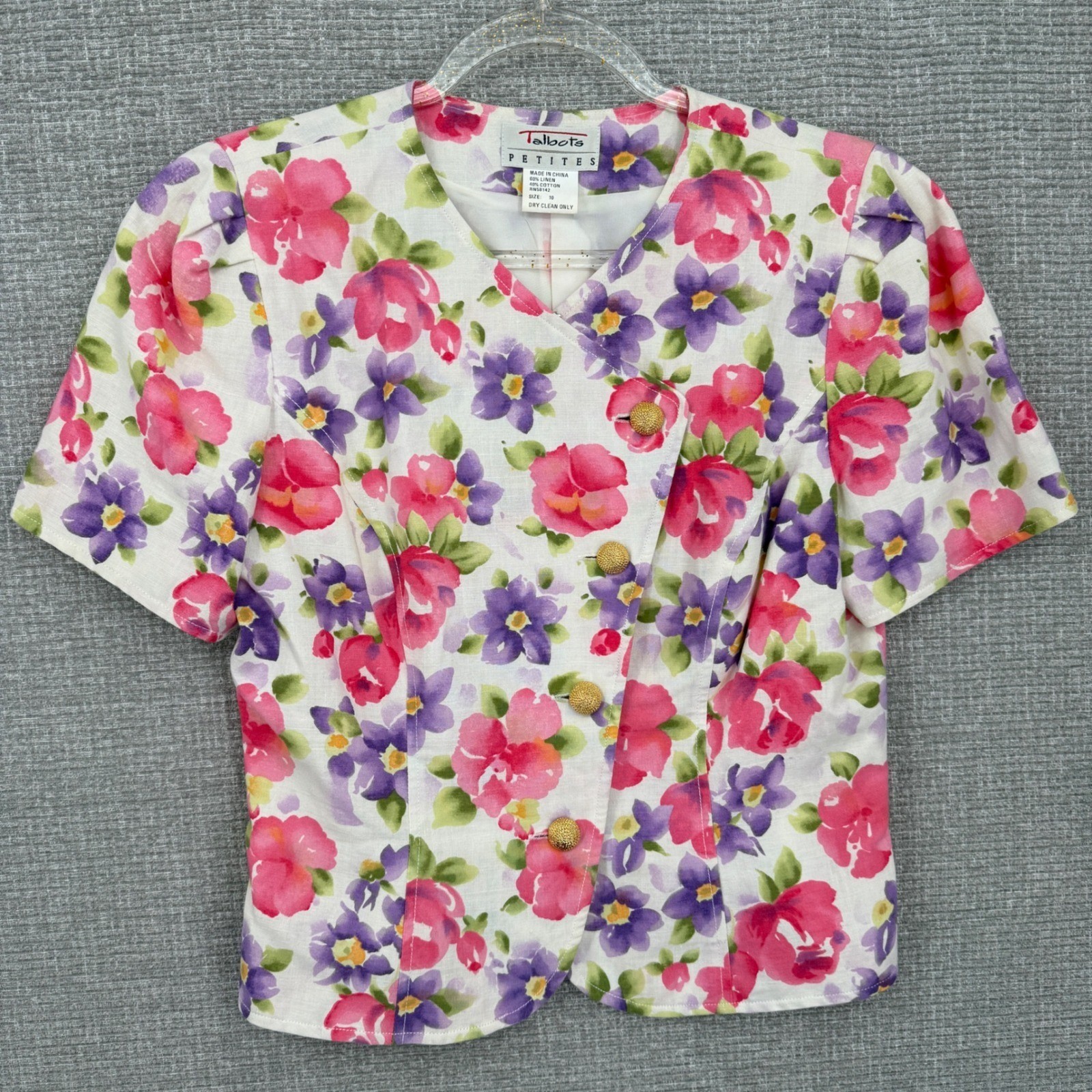 Vintage Talbots Petites Skirt Set Womens 10P Pink Purple Floral Linen Cottage
