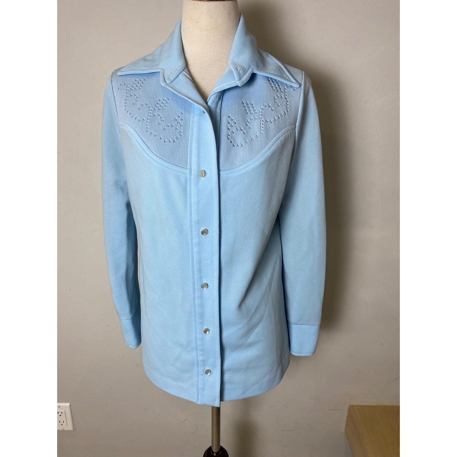 Vintage 70s Stage 7 Blue Western Knit Pointelle Button Up Blouse Top