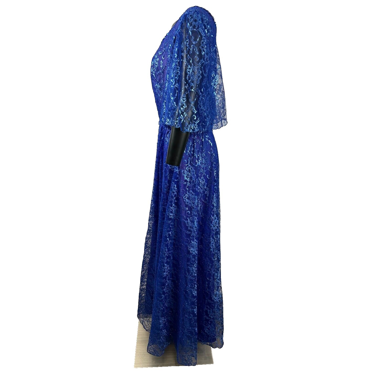Mike Benet Formal Sequins Blue Lace Sheer V-Neck Evening Gown Dress Vtg 80s