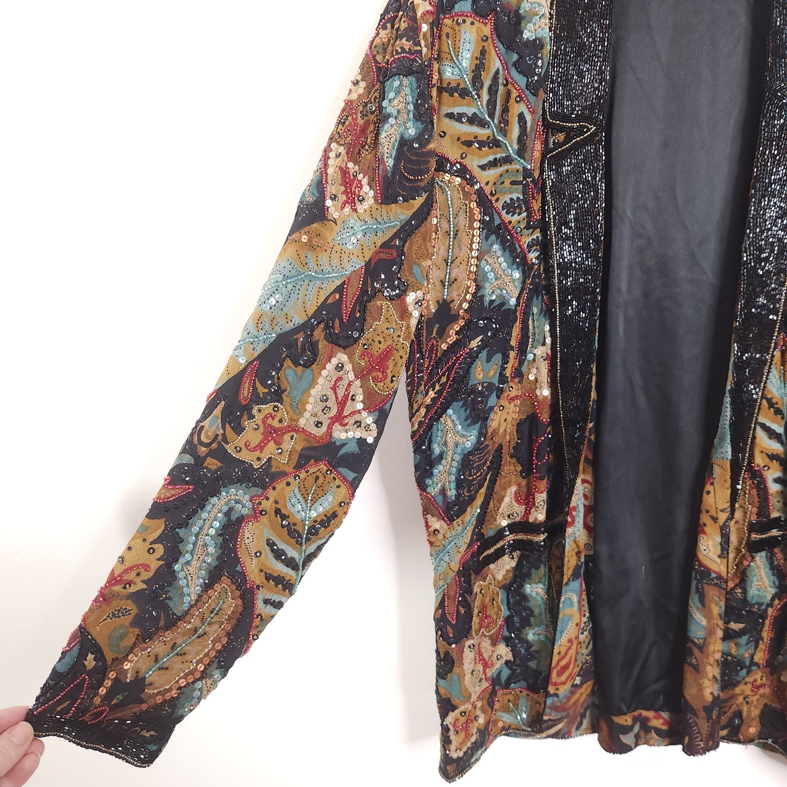Vintage Judith Ann Creations Sequin Beaded Silk Jacket Floral Leaf Design