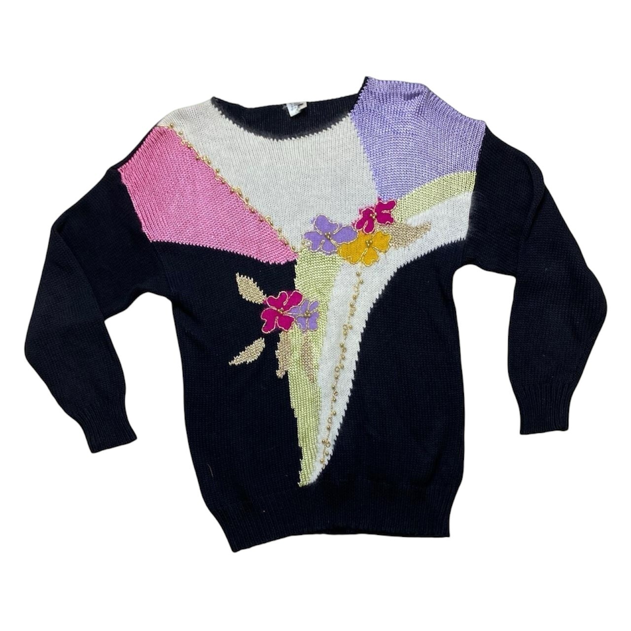 Vintage 80’s Jumper 10-12-14 Angora Blend Graphic Black Retro Floral Pastel M/L