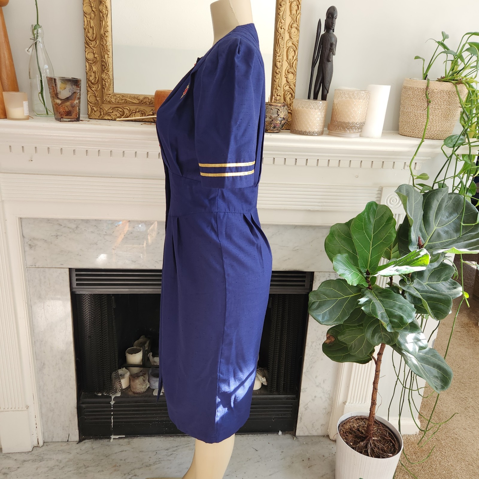 Vintage 80s Blue Midi Pencil Dress Military Nautical Office Pleated Size 6