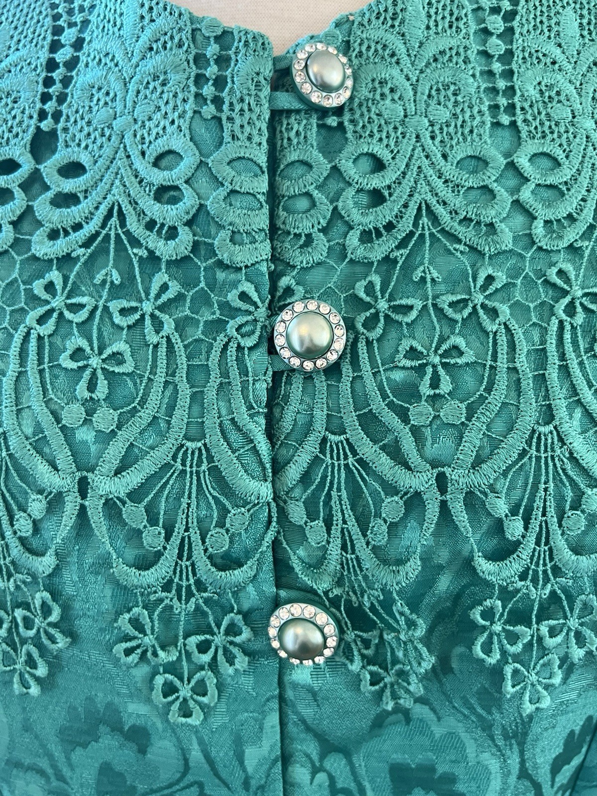 VTG 80’s 2 Piece Teal Dress, Big Lace Rhinestone Buttons, Big Shoulder Pads Sz 8