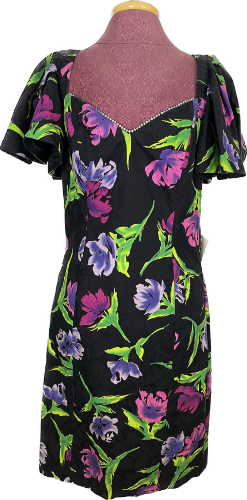 Vintage Rimini Dress Jacquard Black Floral with Rhinestone Puff Sleeves Size 12