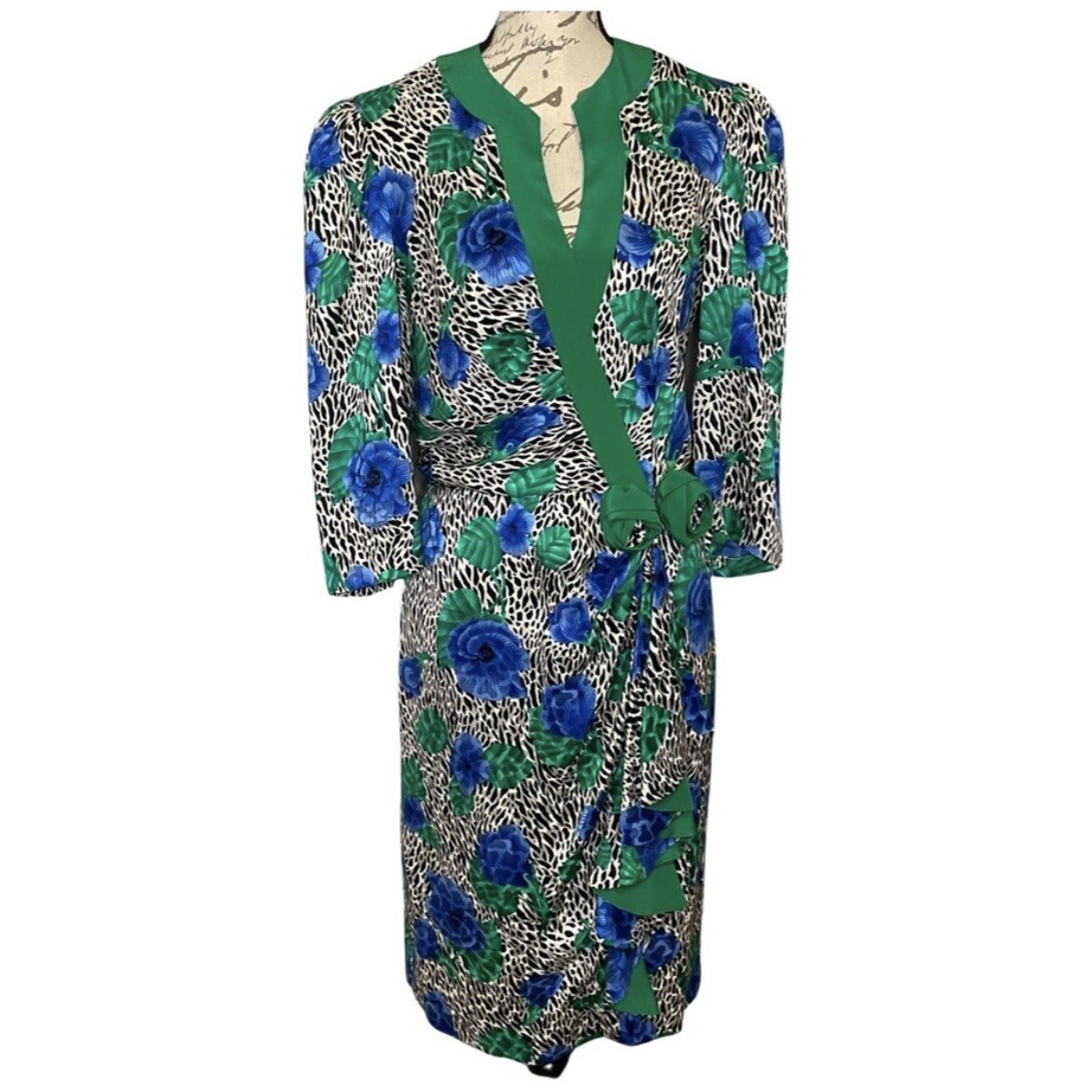 Vintage 80s Sylvia Michel Paris Silk Floral Leopard Print Faux Wrap Party Dress