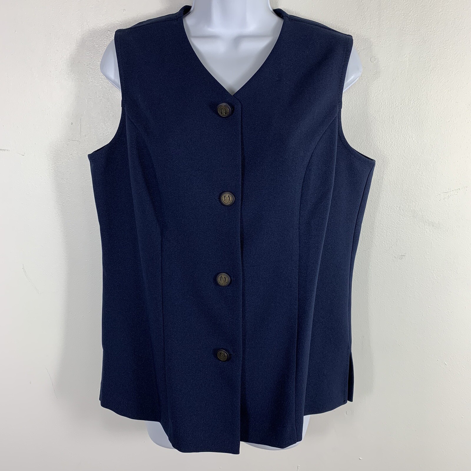 24K Blue Button Front Vest Sz 12 Petite Minimalist Office Siren VINTAGE EB35