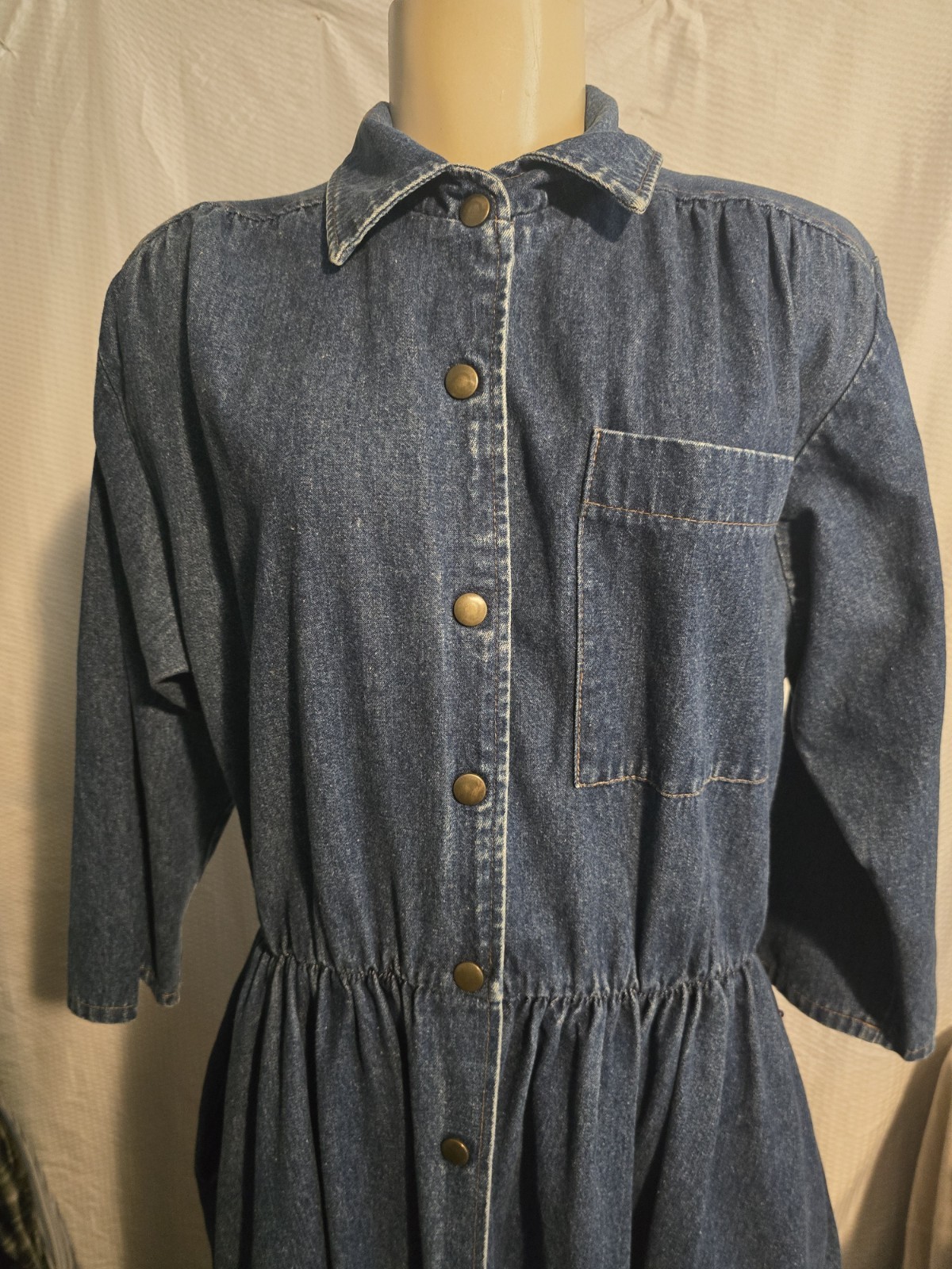 VTG 80s Long Denim Dress Western Style Snap Front 3/4 Sleeve Made USA Size M/L