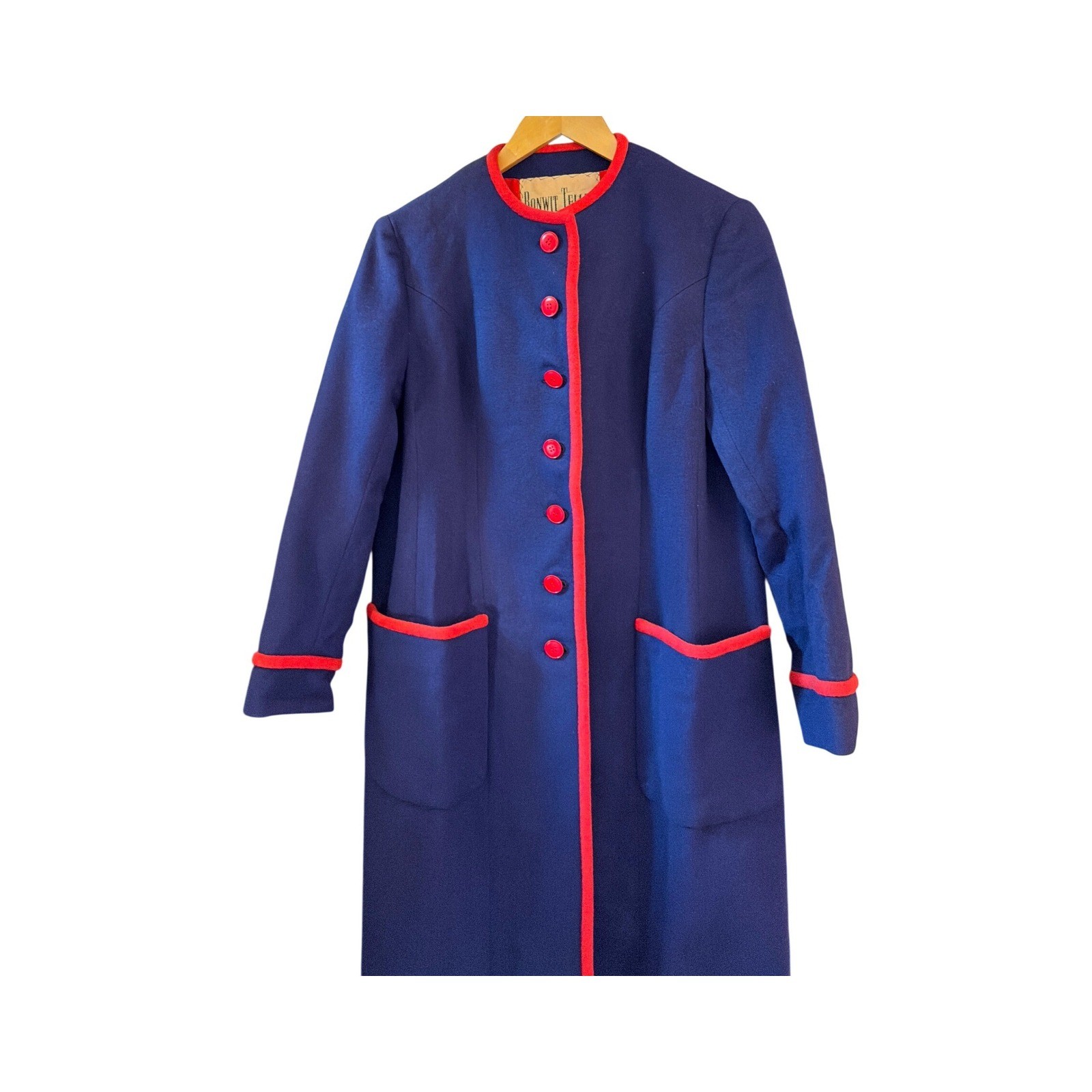 Vintage 60s L’Empereur Paris Bonwit Teller Wool Coat France Navy Red Sz 14