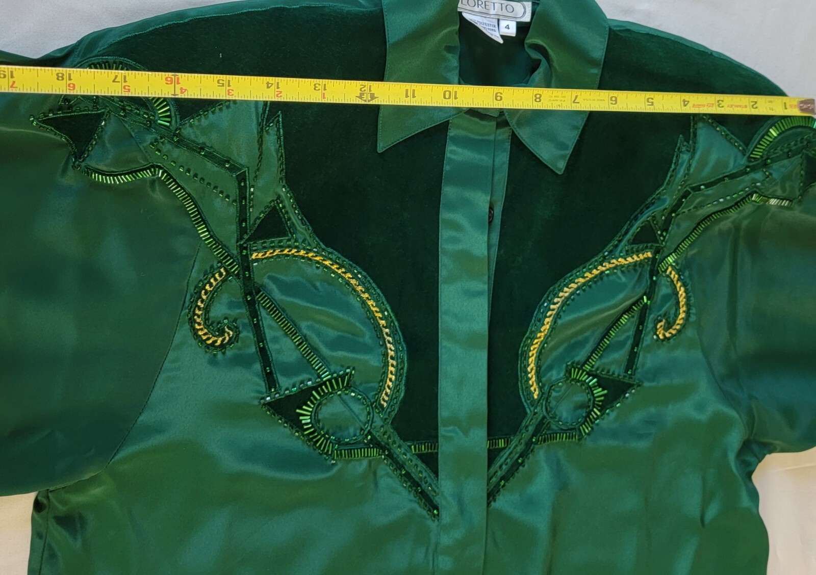 VTG Western Cowgirl Rodeo Baroque Sequin Suede Beaded Embroidery Blouse Green M