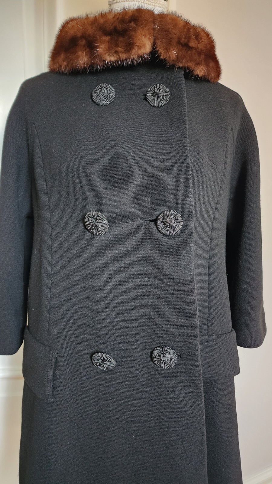 50s Vintage Black Wool Coat w Mink Collar S/M HIRSCH Chicago VASSAR CREATION