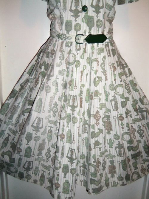 Vtg 50s VIRGINIA HART Cotton Fabric KITCHEN THEME Belt Dress DEADSTOCK M L NOS