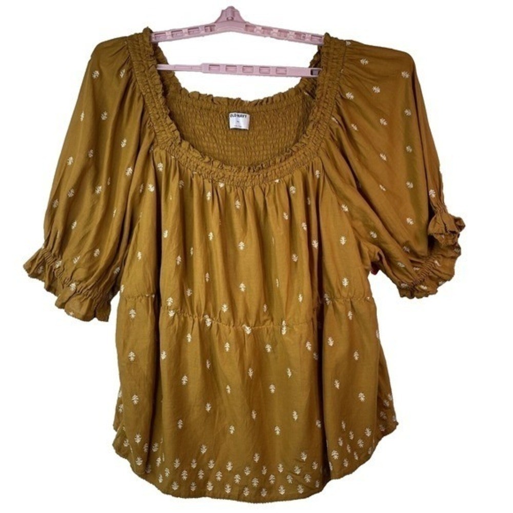 Old Navy Puff Sleeve Top Women’s 4XL Coastal Peasant Boho Cottagecore Embroider