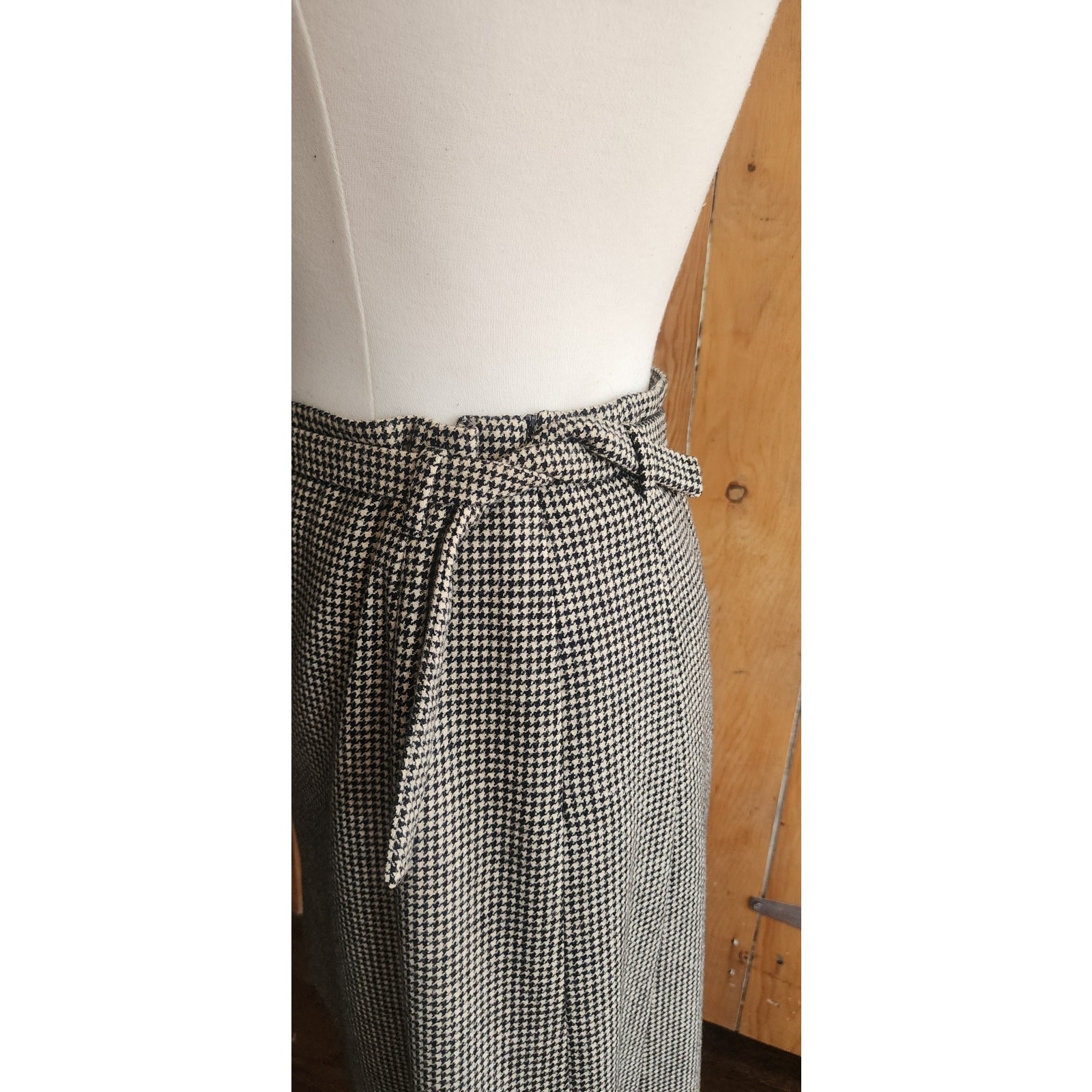 Vintage Dries Van Noten Skirt Gray Houndstooth Wool Knee Length Belt Sash Medium