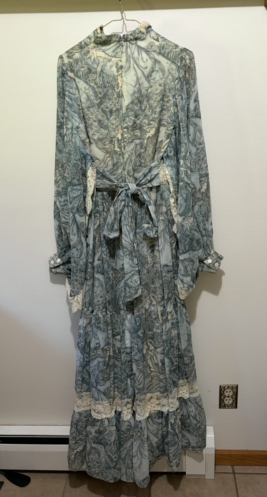 Gunne Sax by Jessica McClintock Blue/Ivory Maxi Dress M: Rare Fairy Print!! 1976