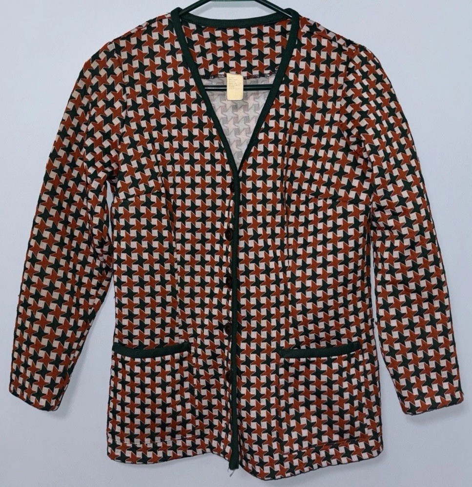 Vintage 70’s Double Knit Polyester Blazer Jacket Women’s Medium Houndstooth