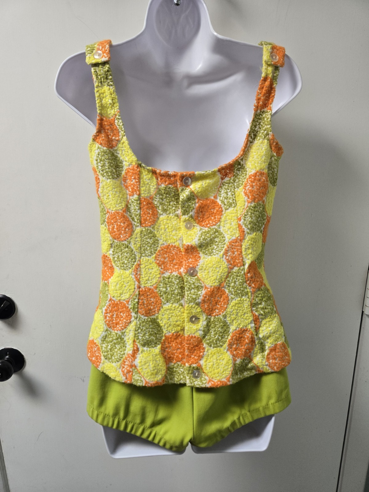 Vintage Bathing Suit Mod Green Orange Yellow Dots 2 Piece 34 Sz 12 M 1960s 70s