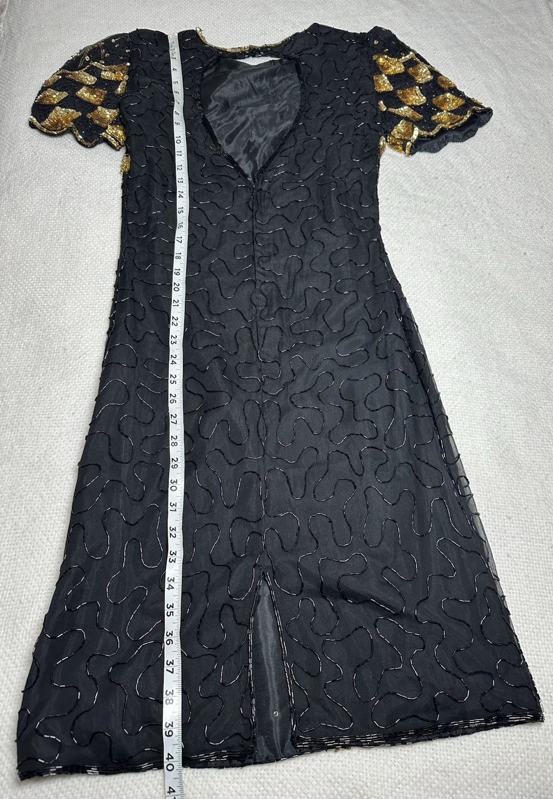 SWEELO Vintage Silk Beaded Black Gold Dress India Art Deco Sequin S 6-8