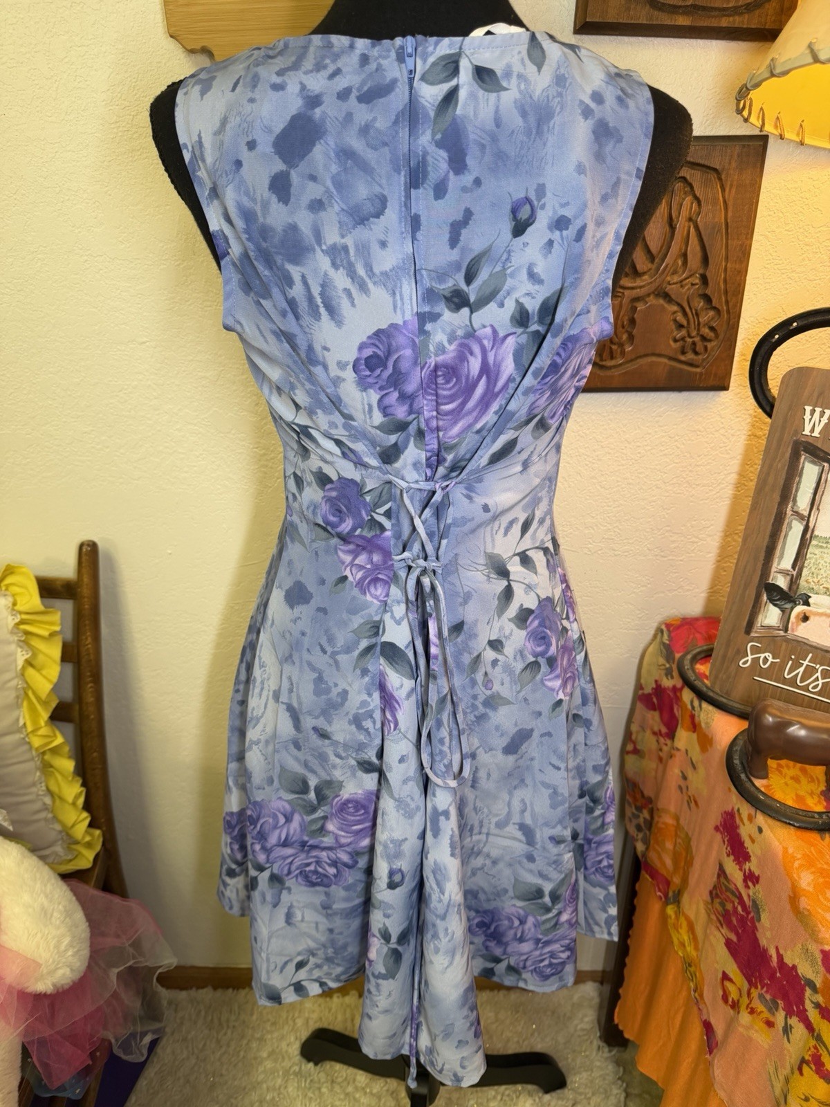 Vintage DBY Floral 90s Y2K Slip Dress 9/10 Blue Tie Back Whimsigoth Fairy Grunge