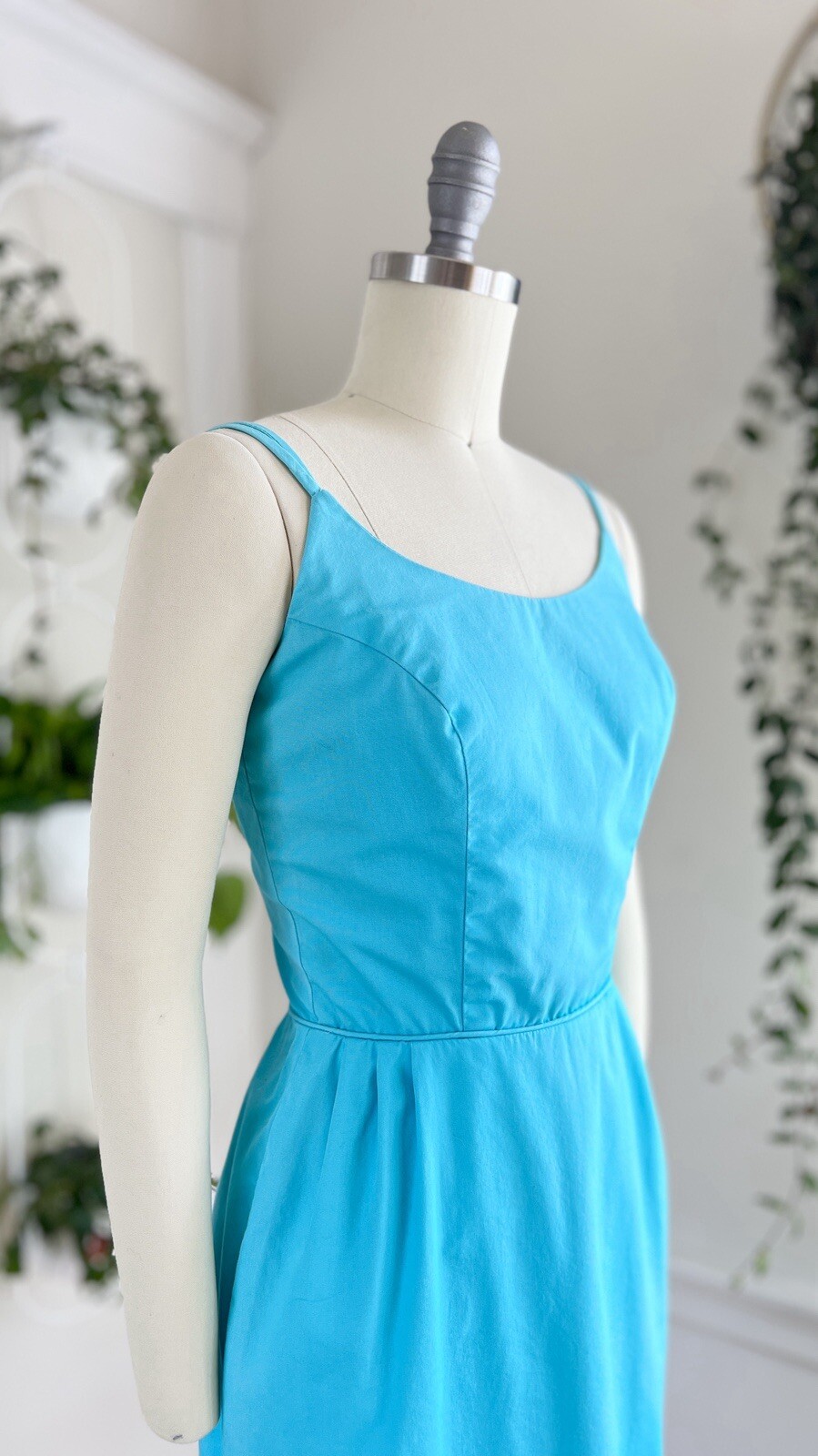Vintage 1950s 1960s Blue Cotton Spaghetti Strap Wiggle Sundress Pin Up Day Dress