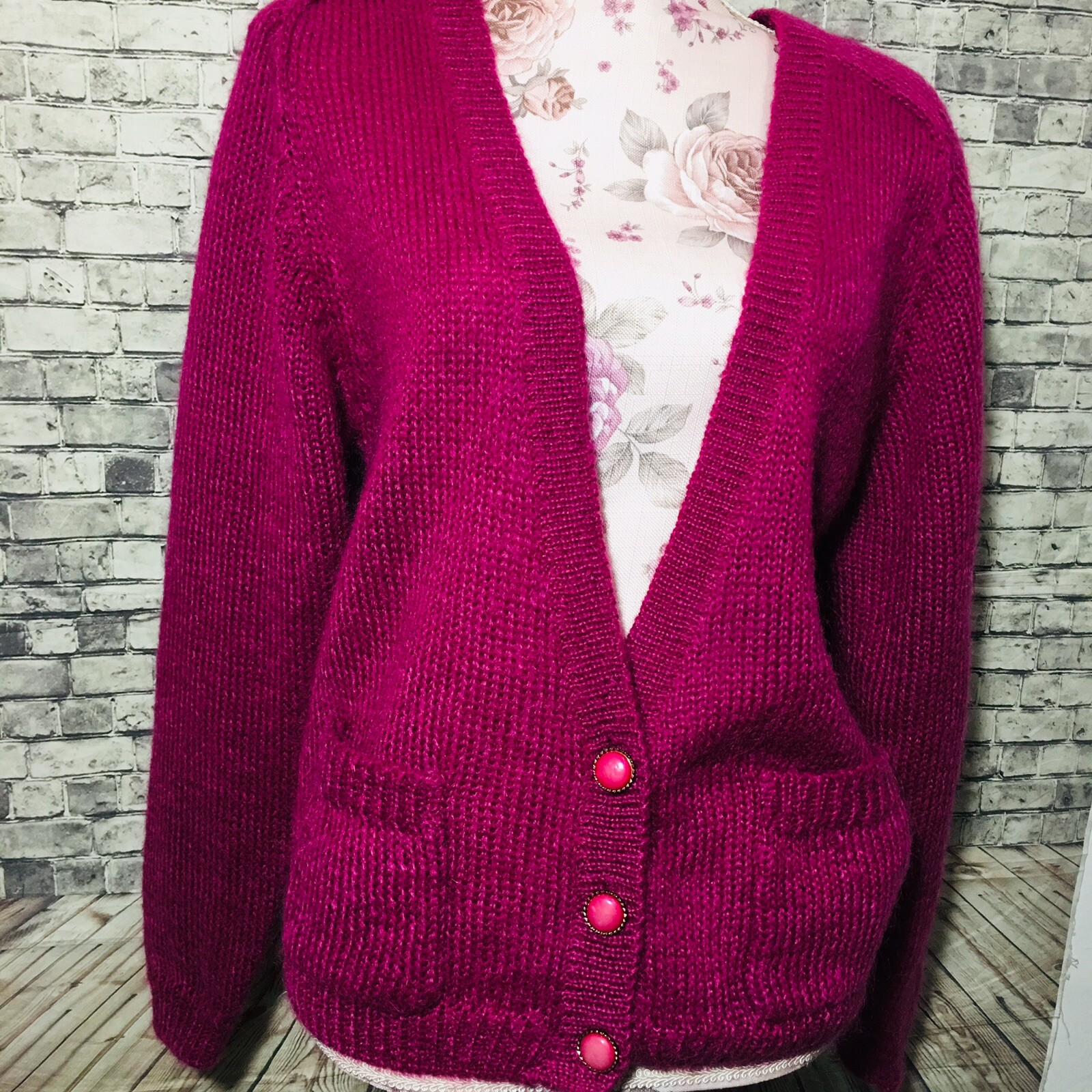 Vintage Cardigan Knit Sweater 50% Mohair Pomegranate Purple Medium Large