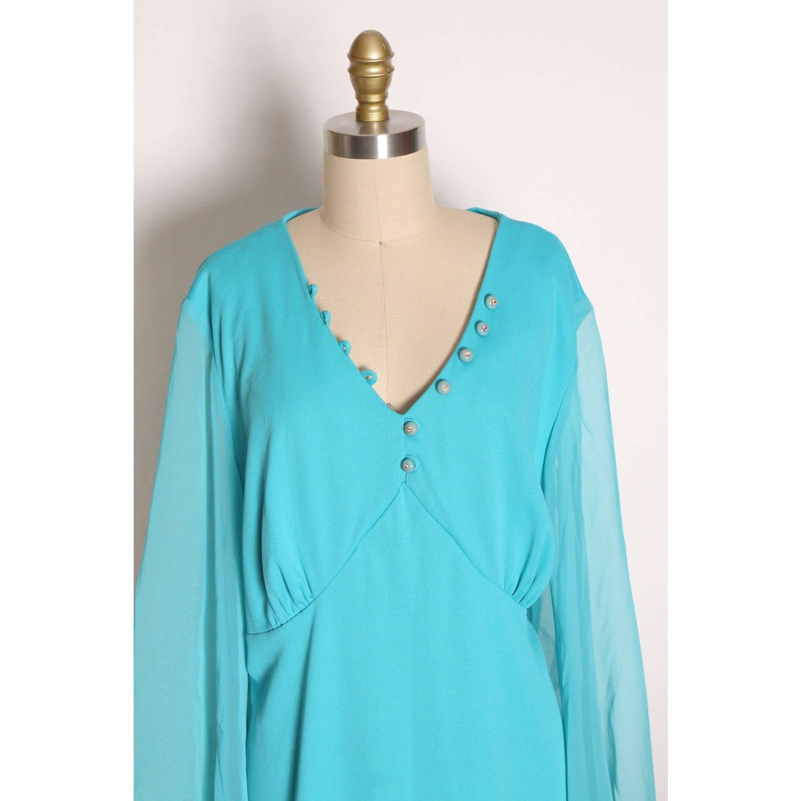 1970s Turquoise Blue Gold Angel Wing Sleeve Formal Plus Size Dress by Lily Lynn