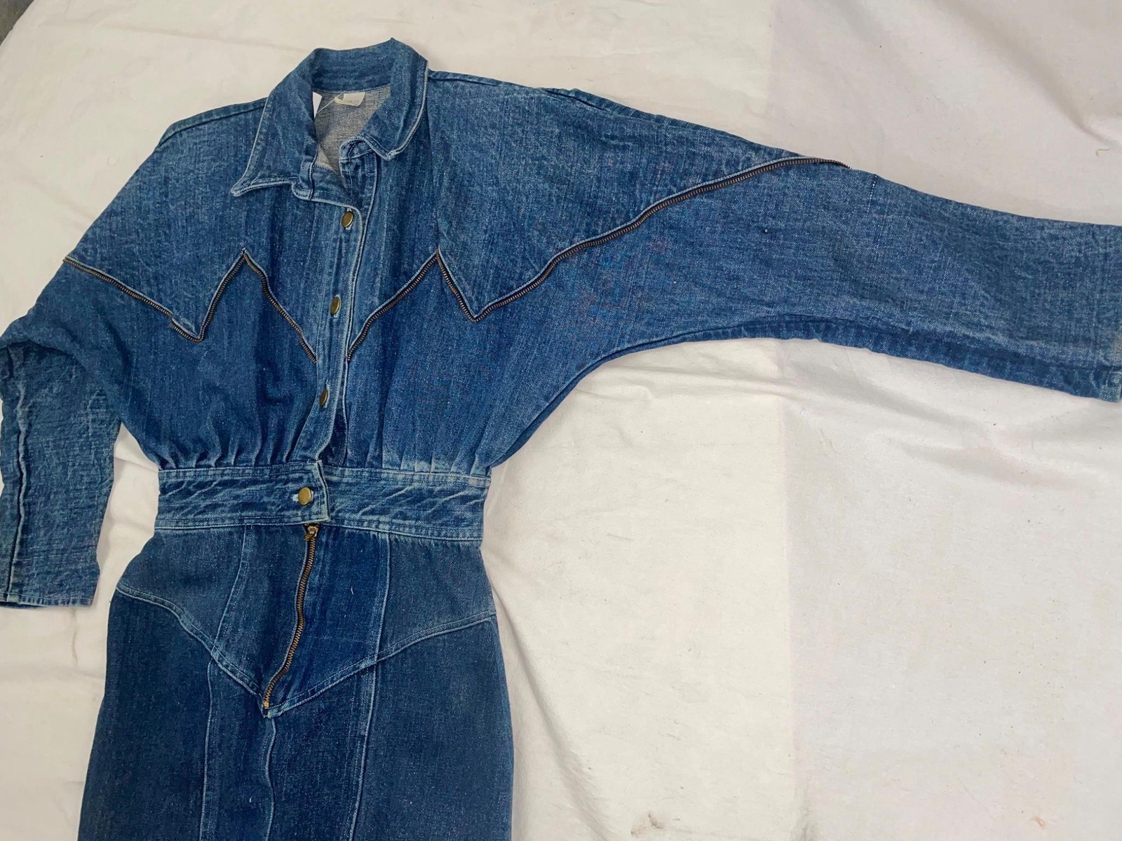 VTG 80S RETRO WOMENS 7/8 S DARK DENIM JEAN ZIPPER TRIM NEW WAVE BUTTON ZIP DRESS