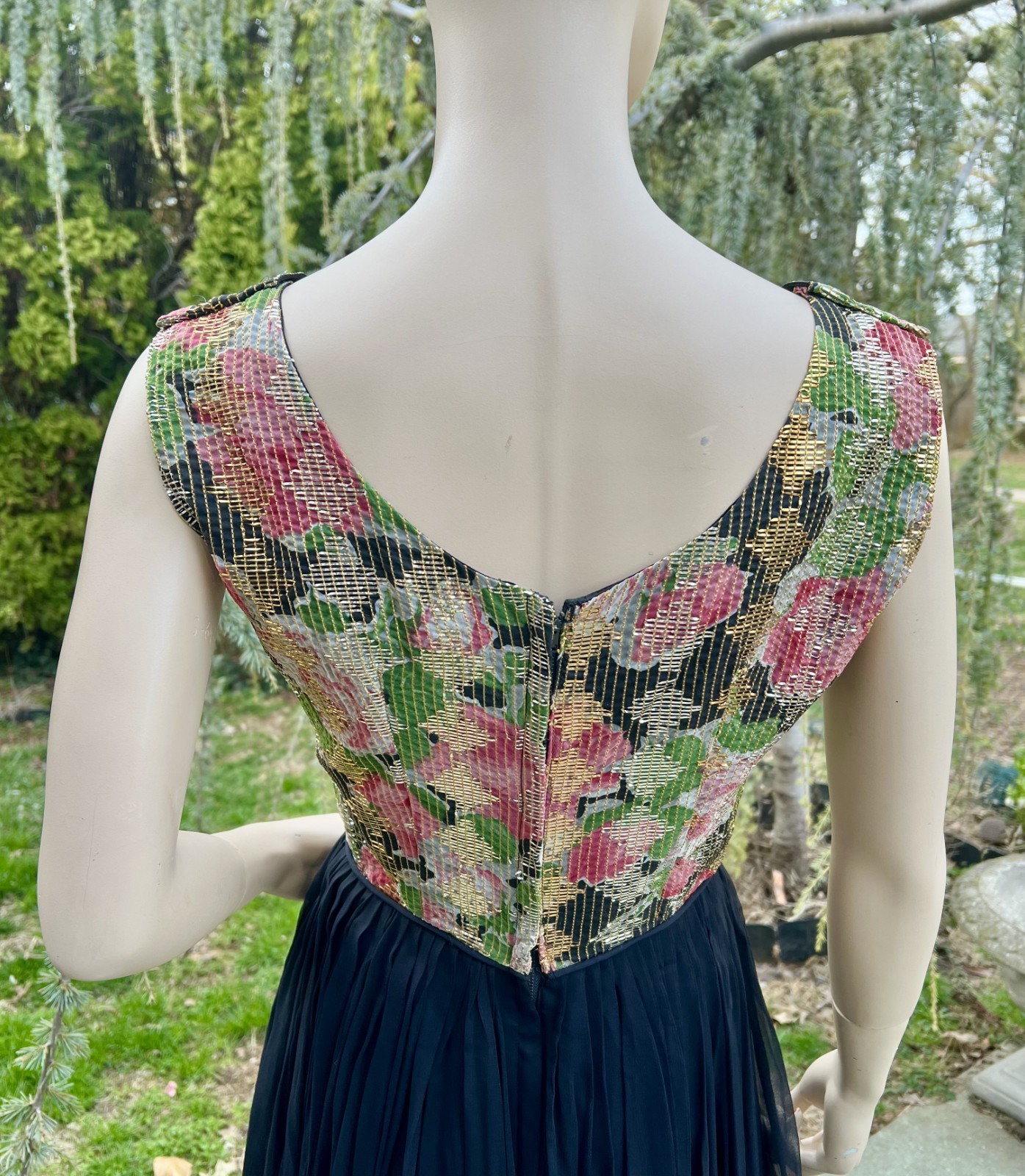 VINTAGE 1950’s 60’s BLACK DRESS W/ MULTI-COLOR METALLIC BODICE & CHIFFON SKIRT