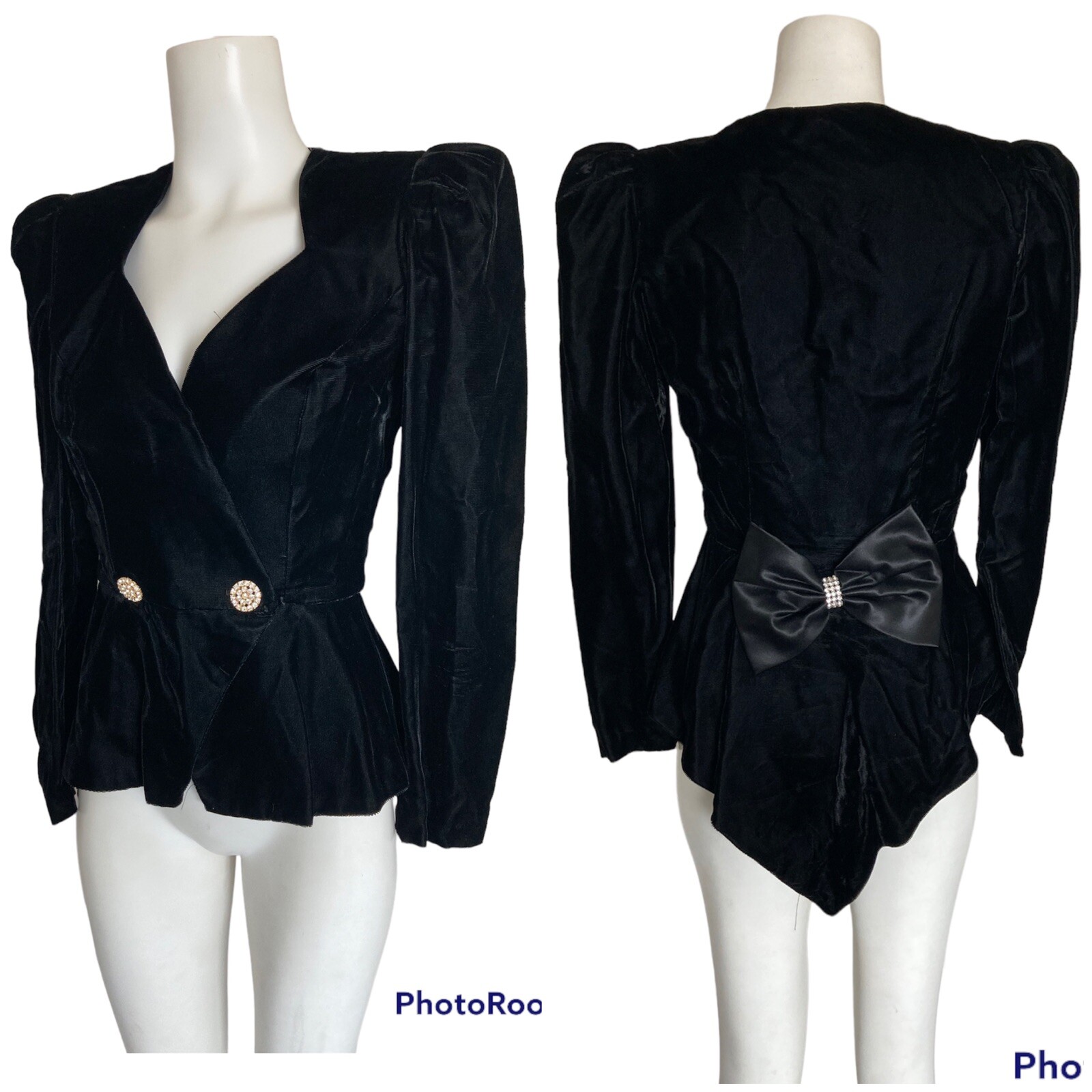 Vintage 80’s Black Velvet Mutton Sleeve Peplum Blazer Rhinestones Bow Sz S 4-6