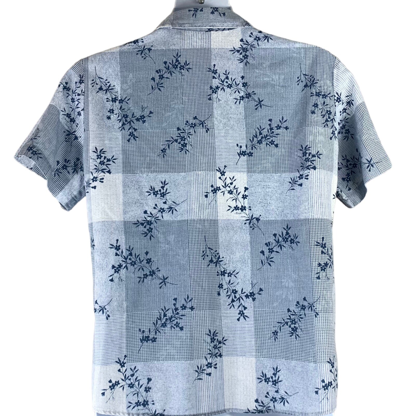 Vintage Sz Petite Large Shirt Button Up Blue White Floral Check Classic Elements