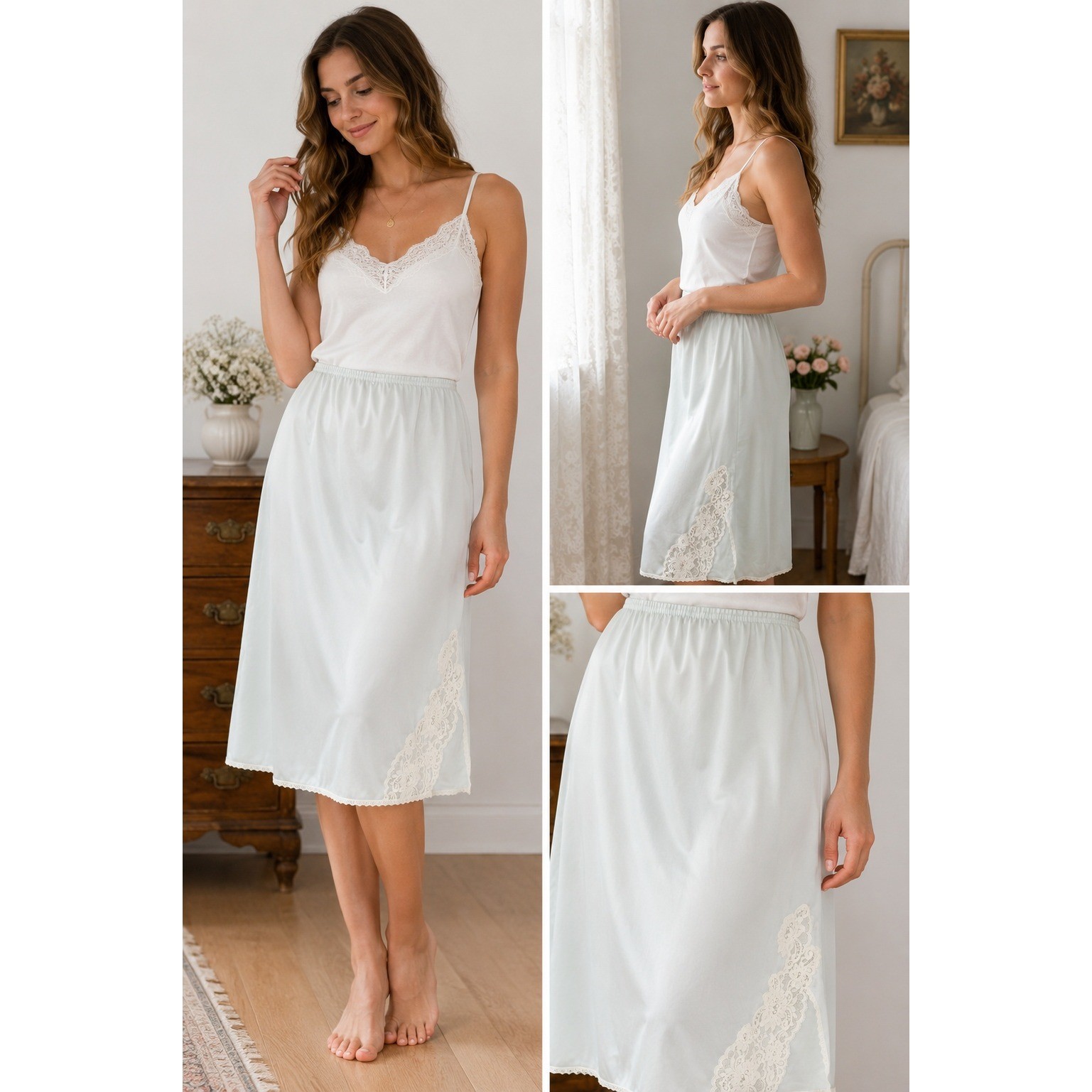 Vanity Fair Vintage Pale Blue Antron Nylon Lace Trim Half Slip Skirt Large USA