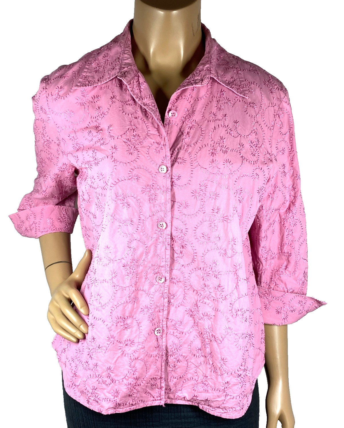 Doncaster Pink Button Front Top Size 12 3/4 Sleeves Fold Up Cuffs Vintage