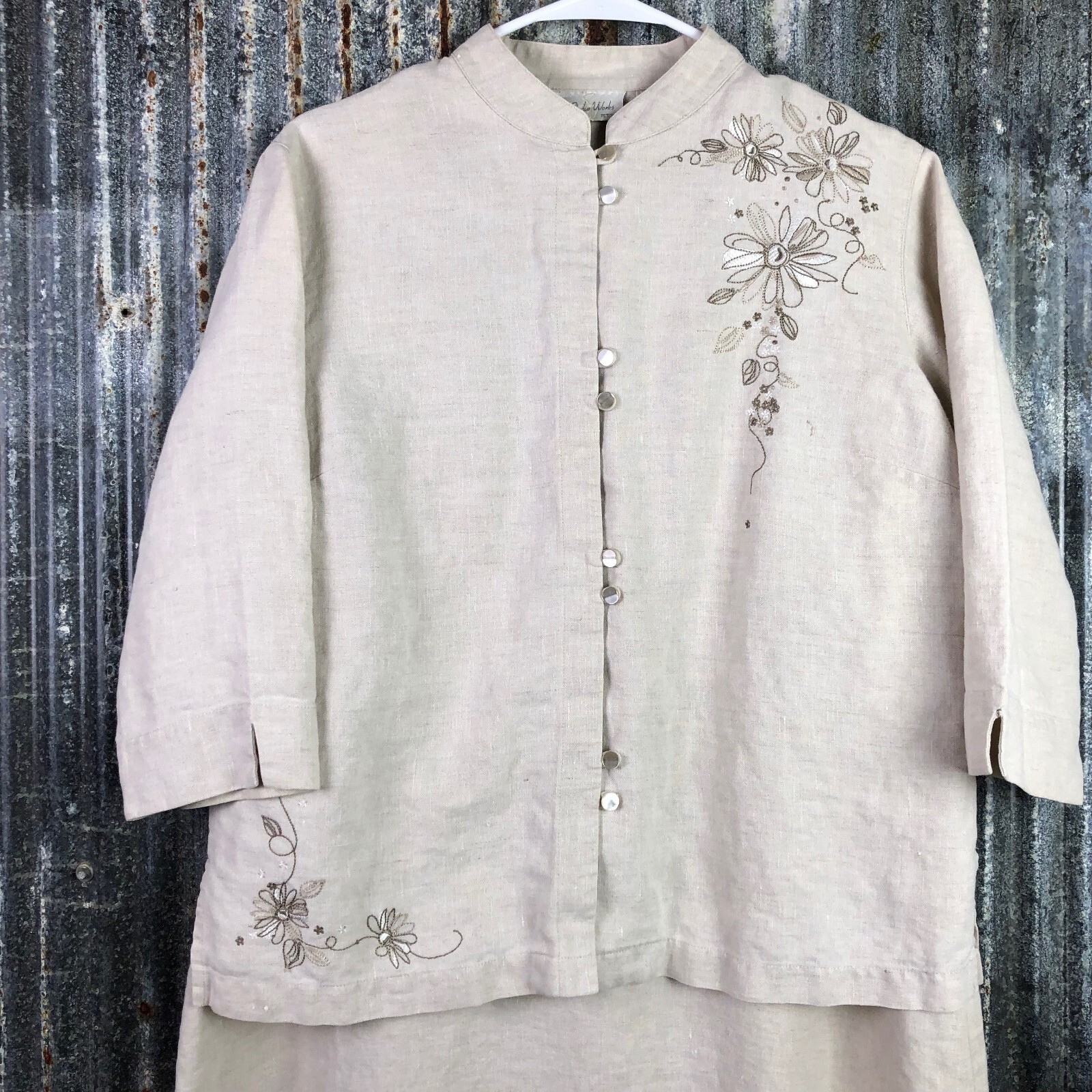 Studio Works Dress + Jacket Oatmeal Linen Womens M/L Embroidered Secretary