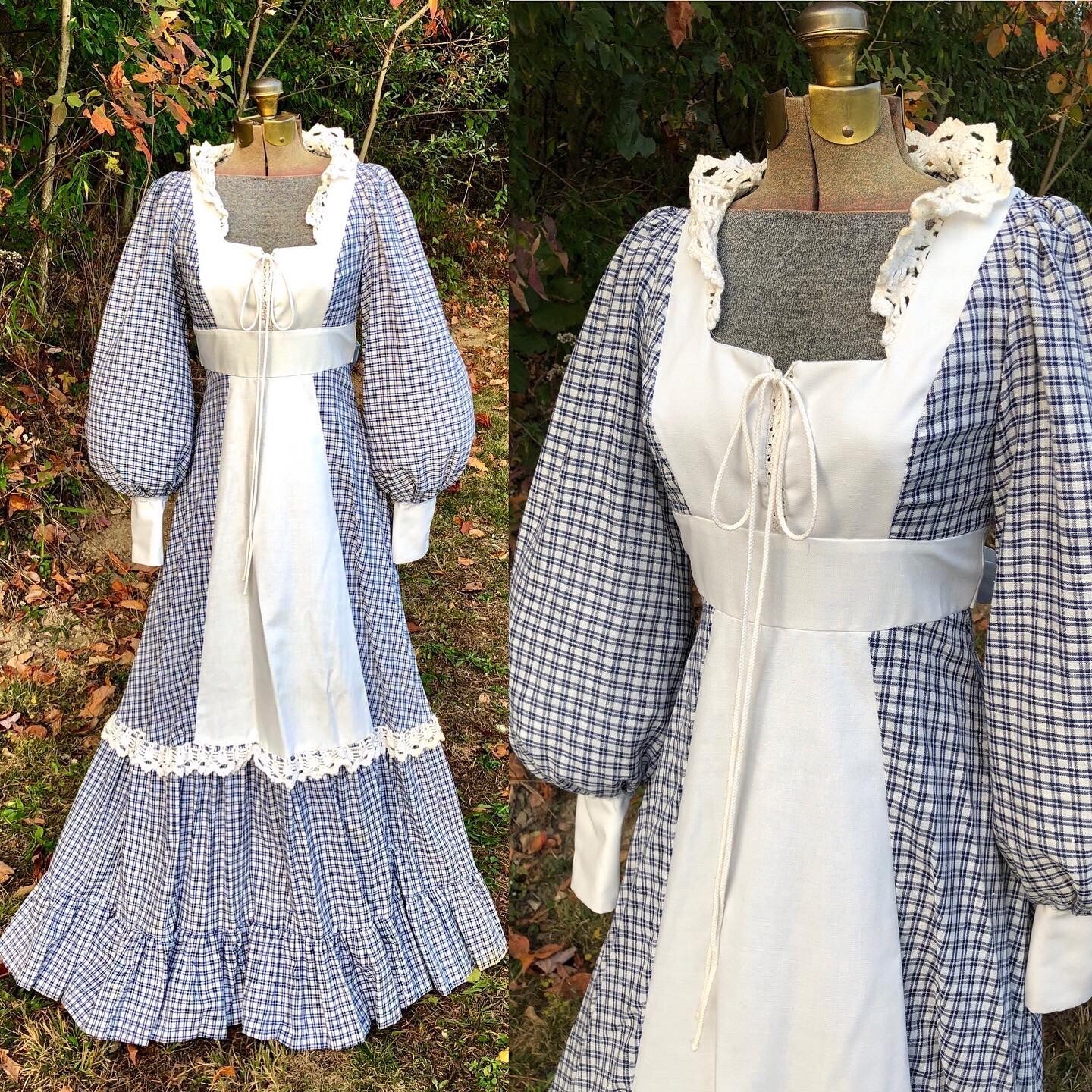 VTG 1970s GUNNE SAX Renaissance Revival GINGHAM JULIET MAXI-DRESS Lace-Up Bodice