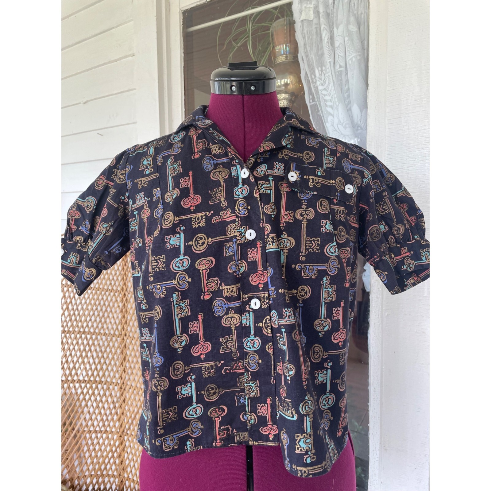 Vintage 1960s Skeleton Key Print Blouse With Puff Sleeves Black Grosgrain Size S
