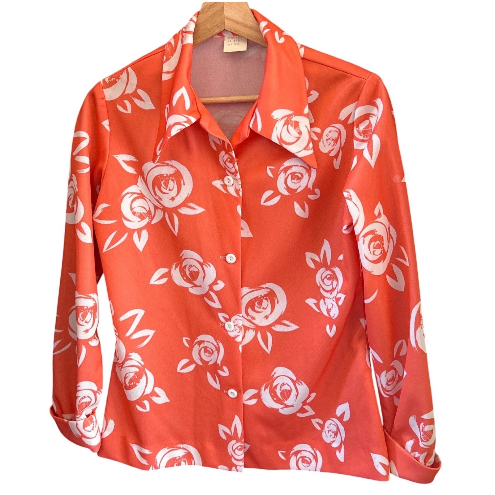 Vintage 70s Vintage Button Up Blouse Disco Rose Floral Print Orange White Retro