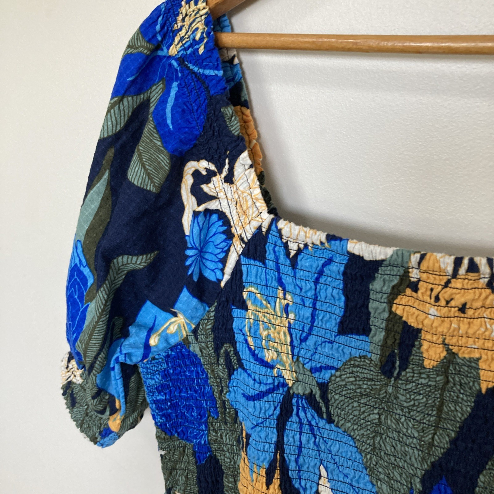 Land’s End Women’s Smocked Peasant Dress L/P 14-16 Blue Yellow Cotton Lined Vtg
