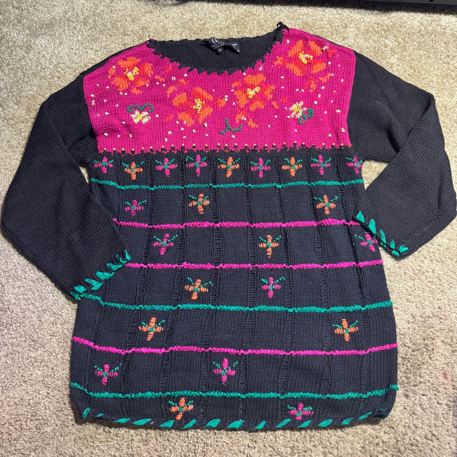 Carole Little Vintage Floral Embroidered Knit Tunic Sweater XL Ramie Cotton Silk