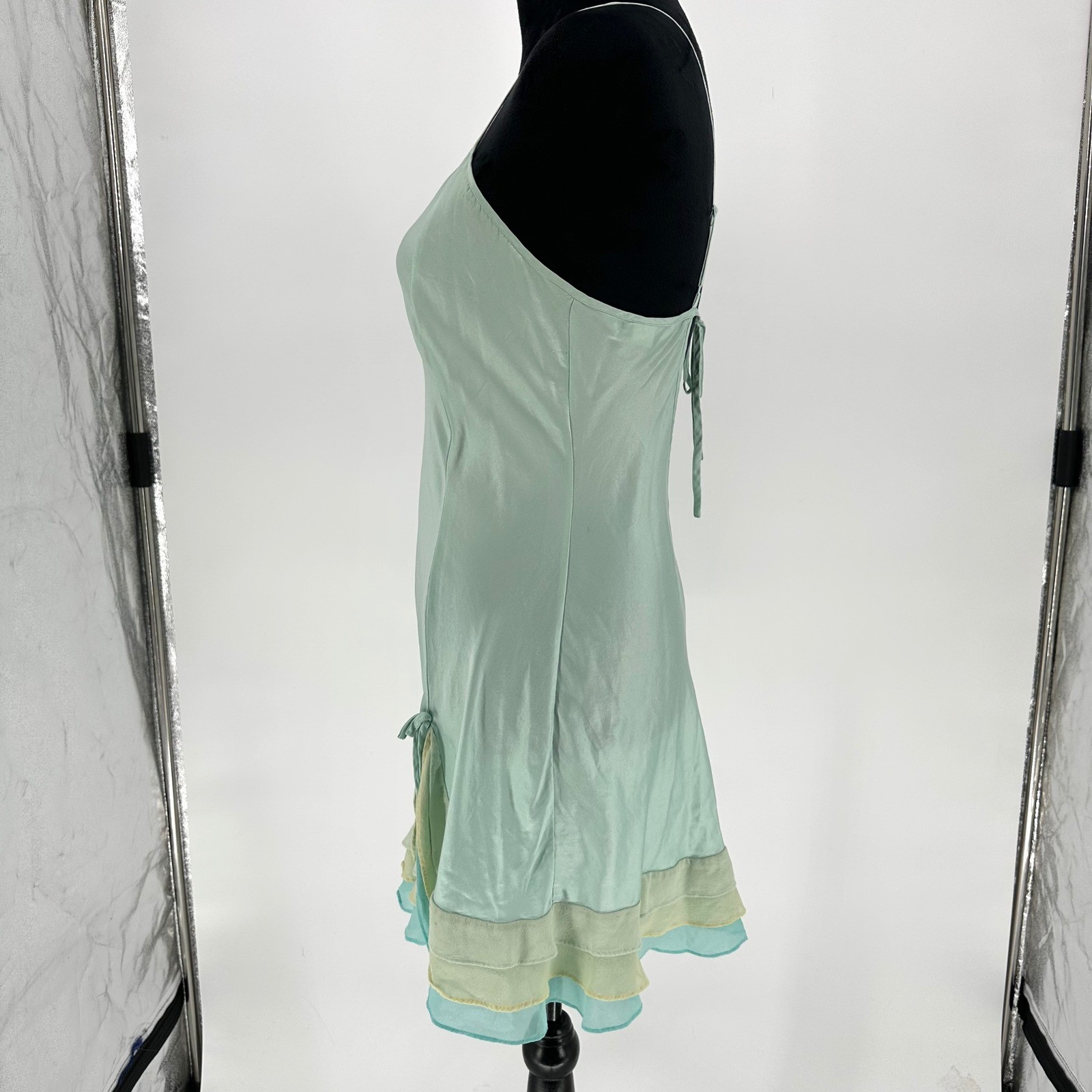 VTG Victoria’s Secret 100% Silk Aqua Blue Cami Slip Ruffle Mini Dress M Y2K 02