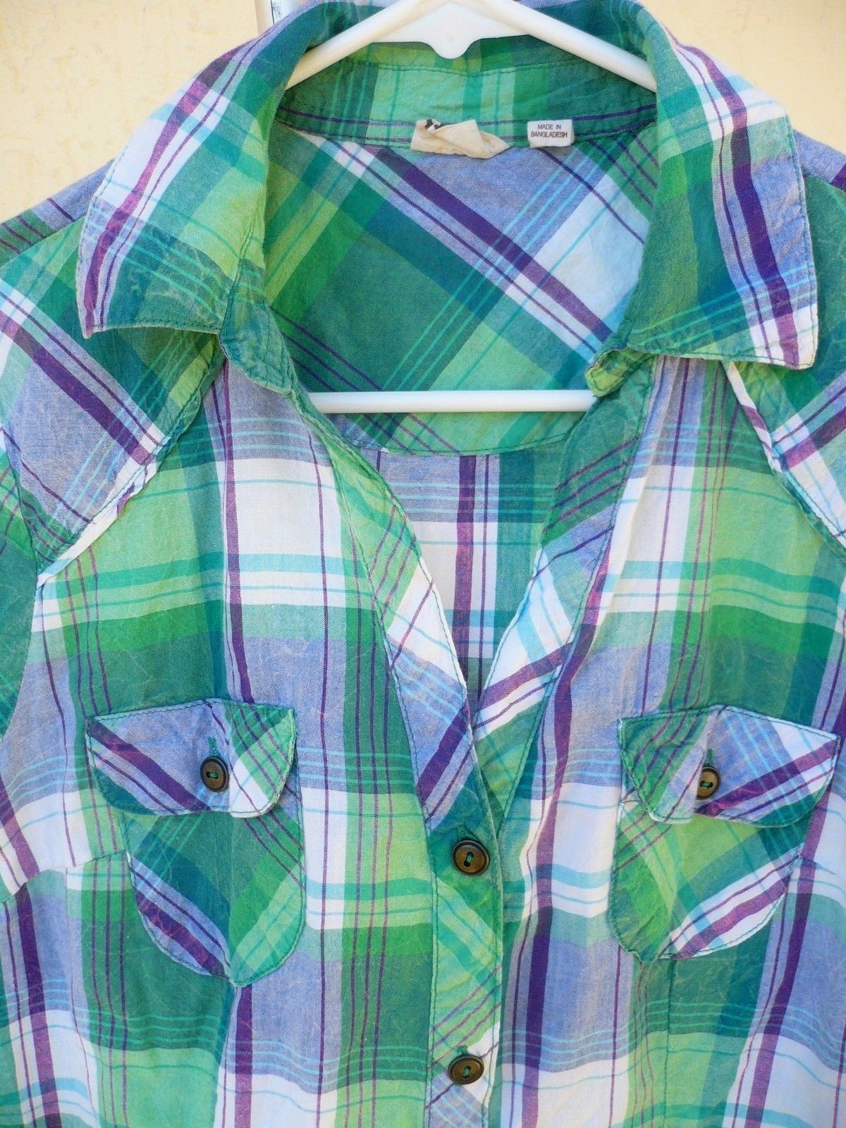 ST PATRICK’S DAY GREEN PURPLE BUTTON DOWN CUFFED SS SHIRT S WOMEN R M JR BLOUSE